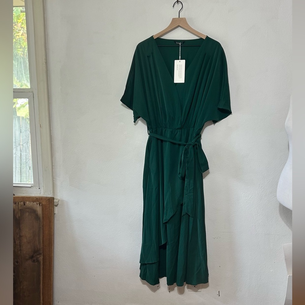 Elegant Green Faux Wrap Dress wedding guest